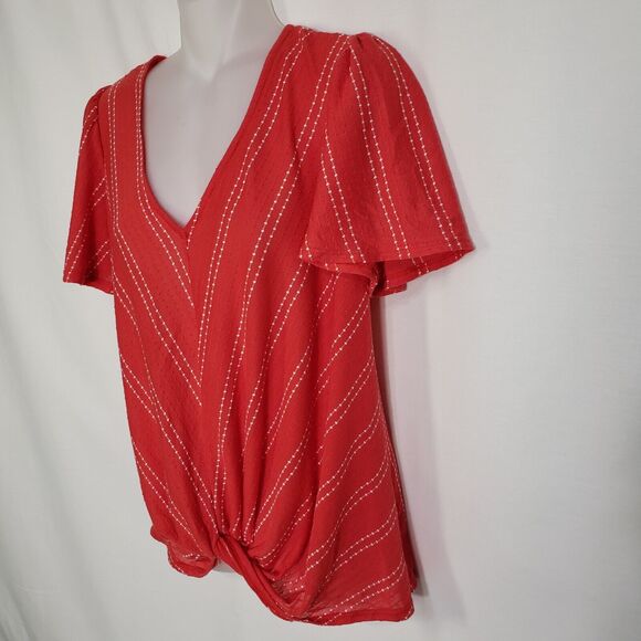 W5 Women’s Top Small Dot Striped Flutter Twist Front Short Sleeve Red V Neck - Picture 6 of 9